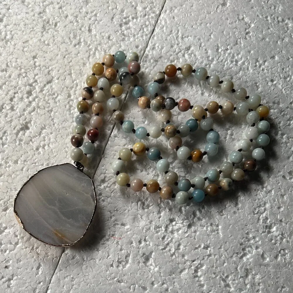 Stone Agate Multi Color Beaded Blue Gray Medallion Necklace Artsy Boho Festival